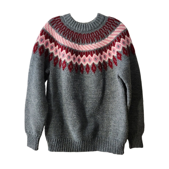 Vintage Handmade Fair Isle Sweater Women M-L Cottagecore Pullover 90s Gray Red - Picture 1 of 5
